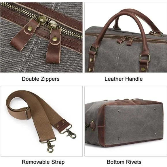 60L Canvas Duffel Bag Carry on Genuine Leather Overnight Weekender Bag for Men - Picture 7 of 7